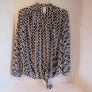 Chicos Black/White Geometric Sheer Lightweight Tie Neck Button LS Blouse Size 1